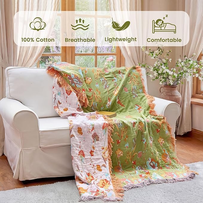 MSGKV Boho Throw Blanket 60"x80" Floral 100% Cotton Blanket with Flower and Butterfly for Bed Couch Spring Breathable Lightweight Farmhouse Twin Blankets Home Decor Muslin