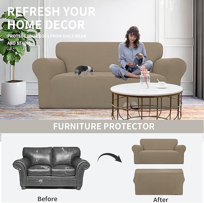 Easy-Going Stretch Oversized Loveseat Slipcover 1-Piece Sofa Cover Furniture Protector Couch Soft with Elastic Bottom for Kids Polyester Spandex Jacquard Fabric Small Checks Natural