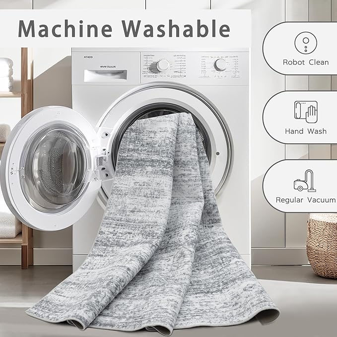 Washable Rugs 5x7 Area Rugs for Living Room,Rugs for Bedroom,Large Carpets,Ultra Soft Faux Wool Retro Dining Room Rug,Non Slip&Non-Shedding Low Pile Vintage Print Rug for Home Office-Grey Cream