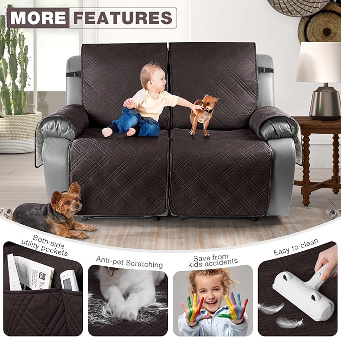 TAOCOCO 100% Waterproof Oversized Loveseat Recliner Cover, Non Slip Split Couch Covers for Reclining Loveseat with Elastic Straps for Kids Pets(Oversized 2 Seater, Coffee)
