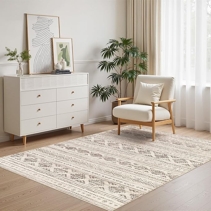 Nakagishi Area Rug Living Room Rugs: 4x6 Soft Machine Washable Boho Neutral Farmhouse Stain Resistant Moroccan Indoor Floor Carpet for Bedroom Nursery Kids Entryway Kitchen Bedside Home- Dark Brown