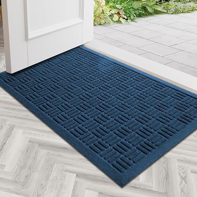 Mibao Front Door Mat Indoor Outdoor Entrance, Dirt Trapping Waterproof All-Season, All-Weather Doormat, Non-Slip Durable Natural Rubber Low Profile Easy Clean Patio Entrance Mat, 29.5" x 17", Blue