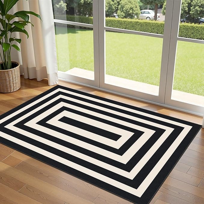 3x5 Modern Entry Rug - Small Washable Indoor Outdoor Mats for Front Door Non-Slip Porch Rug Black White Geometric Striped Throw Rugs for Living Room Bedroom Entryway Kitchen Office Porch Decor