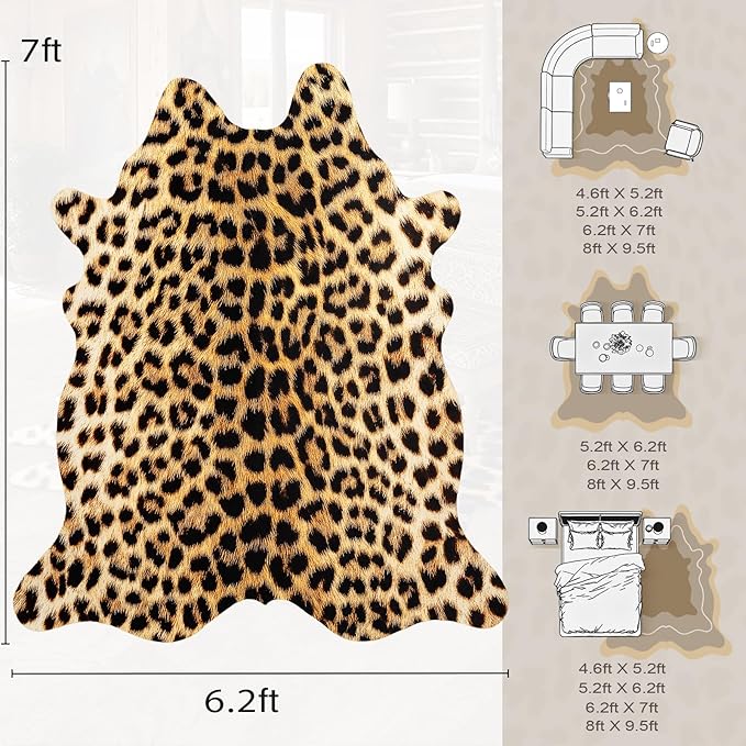 AROGAN Western Decor Faux Fur Leopard Rug, 6.2 x 7 Feet Premium Animal Skin Leopard Hide Rug, Sturdy Cheetah Print Rugs for Wall Decor, Western Floor Carpet for Bedroom Living Room, Black and Gold
