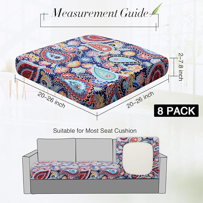 Newwiee 8Pcs Patio Cushion Covers Stretch Outdoor Cushion Cover Replacement for Patio Furniture Sofa Couch Slipcovers, Soft Flexibility Washable Furniture Protector(Waterproof Paisley,Vivid Color)