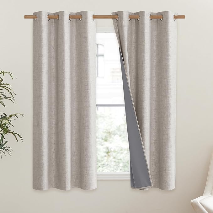 NICETOWN Brich Vintage Open Linen Weave Flax Thermal Curtains, 100% Blackout Curtains 63" Long for Dining Room, Soundproof Window Treatment Drapes for Gym Room, 42" Wide Per Panel, Set of 2