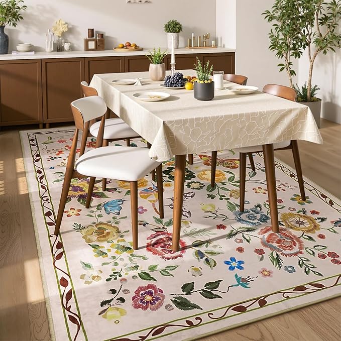 Rugflix 5x7 Washable Area Rug for Living Room, Soft Non Slip Low Pile Carpet, Floral Vintage Stain Resistant Rugs for Bedroom, Dining Room, Home Office, Beige