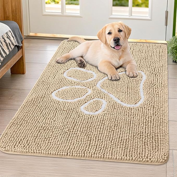 Smiry Dog Door Mat for Muddy Paws, Absorbent Dirt Trapper Non Slip Quick Dry Washable Chenille Mat for Mud Dogs, Entry Rug for Indoor and Outdoor (40x32 Inches, Beige and White)