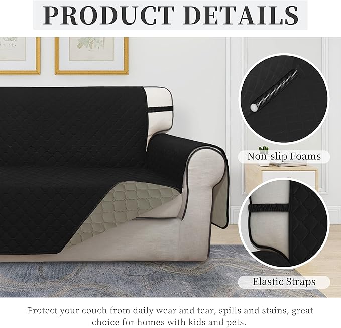 ISSUNTEX Double Protection 100% Waterproof Sofa Covers for Living Room, Couch Covers for 3 Cushion Couch Sofa, Reversible Furniture Protector Sofa Cover for Dogs, Pets, Kids (Sofa, Black/Beige)