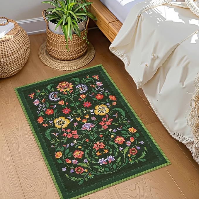GarveeHome Protea Floral Rug for Entryway 2x3 Rugs Machine Washable Boho Small Area Rug Non-Slip Low-Pile Front Door Soft Mat for Entrance, Bedroom, Kitchen, Laundry, Bathroom, Forest Green