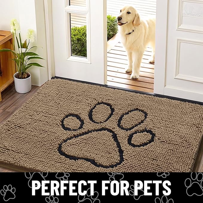 Smiry Dog Door Mat for Muddy Paws, Absorbent Dirt Trapper Non Slip Quick Dry Washable Chenille Mat for Mud Dogs, Entry Rug for Indoor and Outdoor (71x46 Inches, Camel and Black)