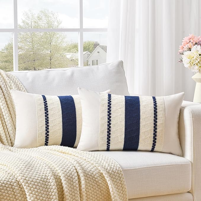 Fancy Homi Set of 1 Navy Blue Lumbar Decorative Throw Pillow Covers 16x24 Inch for Couch Bed Sofa Living Room, Aesthetic Modern Organic Farmhouse Home Decor, Soft Cotton Woven Textured Cushion Case