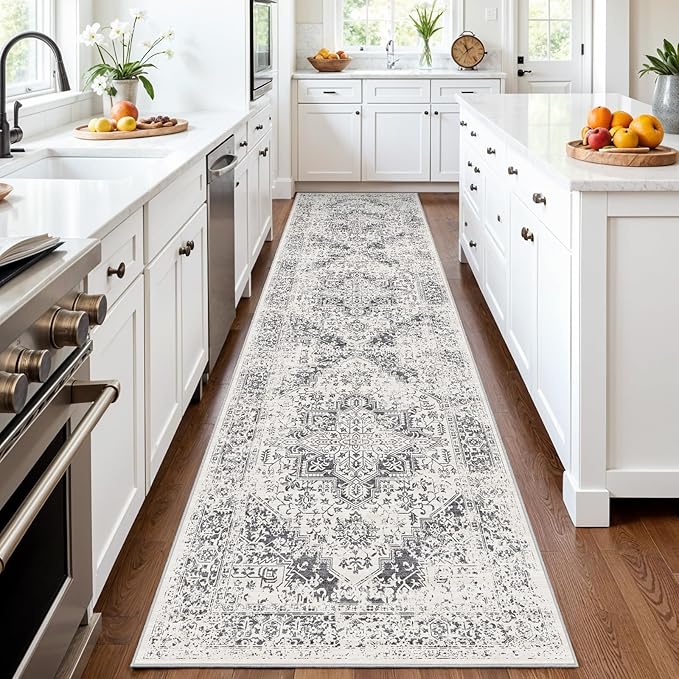 3x14 Washable Hallway Runner Rug - Non Slip Kitchen Runner Rugs with Rubber Backing Vintage Low-Pile Carpet Runners for Entryway Dining Room Laundry Room Home Decor (Distessed Grey)