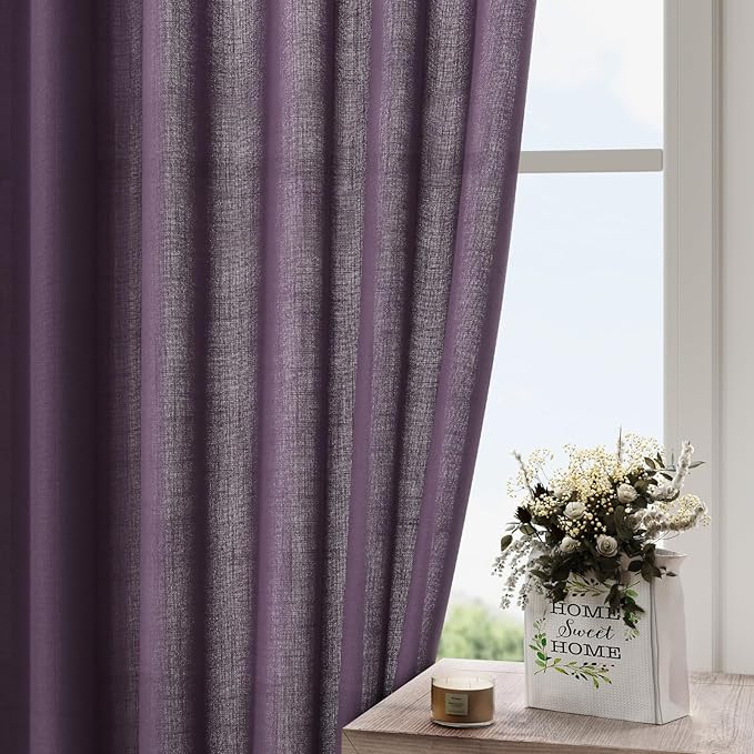 Nanspring Plum Linen Curtains 84 Inch Length 2 Panels Set for Living Room Rod Pocket Back Tab Light Filtering Window Drapes for Bedroom Dining Room Protect Privacy Country Farmhouse Decor 52x84