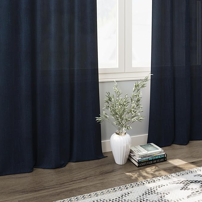 Navy Blue Linen Curtains 90 inch Length for Bedroom Boys Men Back Tab Modern Farmhouse Nautical Decor Blue Sheer Privacy Curtain Panels Set of 2 for Dining Room Indigo
