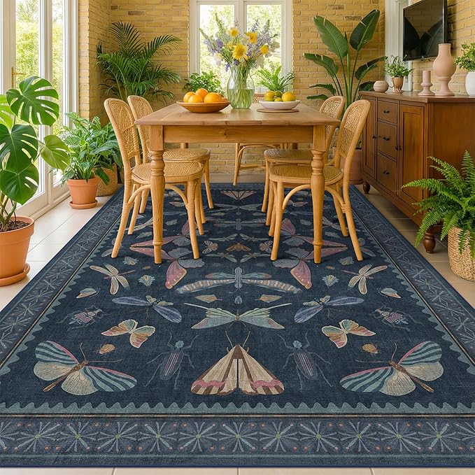 Boho Living Room Area Rug 6x9, Non Slip Dining Room Rugs for Under Table, Washable Soft Low Pile Bedroom, Vintage Insect Moth Dark Home Décor, Stain Resistant Carpet (Navy Blue)