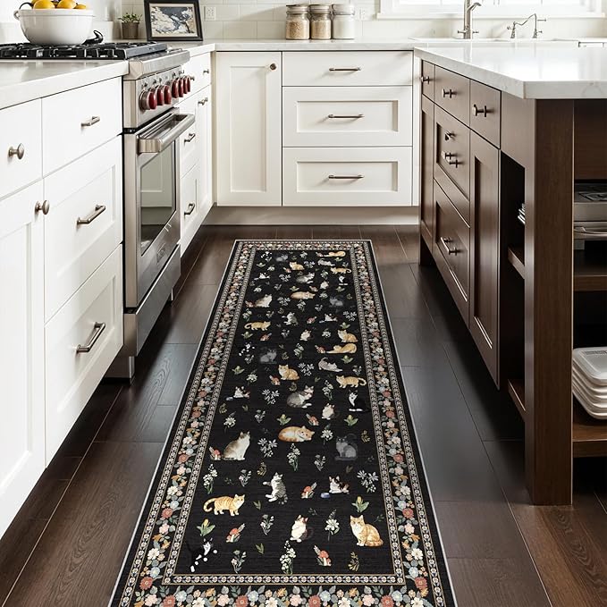 2'6"x8' Washable Kitchen Runner Rug - Soft Low Pile Floral Animal Cat Print Rugs with Non-Slip Backing Waterproof Stain-Resistant Indoor Carpet for Hallway Entryway Bathroom Bedroom (Black)