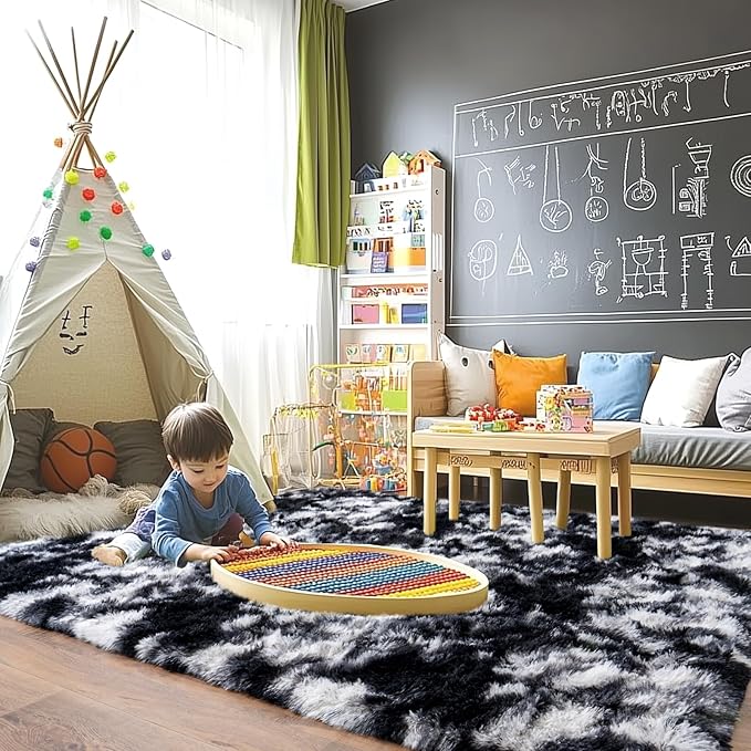 Pionblank Large Rug for Living Room 6x9 Feet, Modern Soft Shag Area Rug, Plush Fuzzy Carpet for Bedroom Girls Boys Room Home Nursery Teens Dorm Decor, Black White