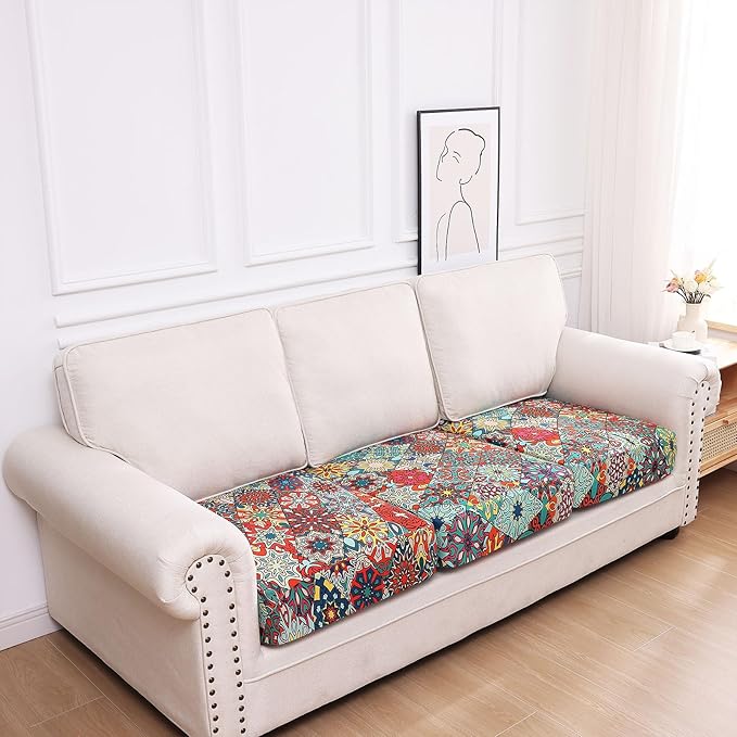 hyha Printed Couch Cushion Covers, Floral Sofa Covers Washable for 3 Cushion Couch, Stretch Pattern Outdoor Cushion Covers for Patio Furniture with Elastic Bottom(3 Packs, Diamond Mandala)