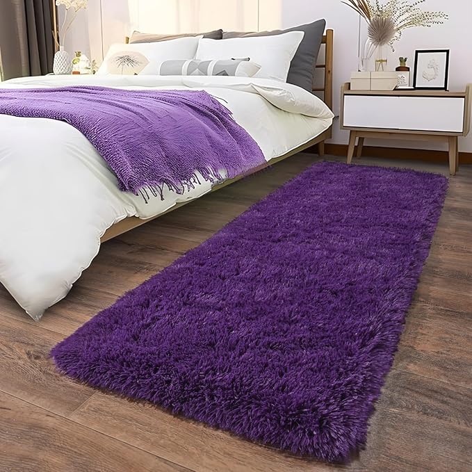 Soft Runner Rugs for Bedroom Hallways, 2 Packs 2x6 Purple Fluffy Shag Throw Area Rug Non Slip for Bedside Dorm, Long Shaggy Furry Carpet for Nursery Living Room