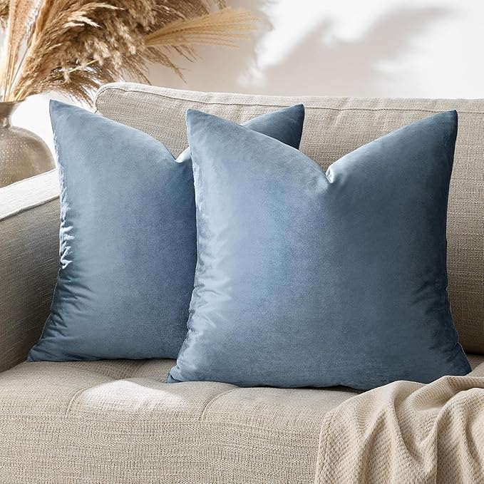 GIGIZAZA Stone Blue Velvet Decorative Throw Pillow Covers 20x20 for Sofa Living Room Soft Cushion Cover Pack of 2