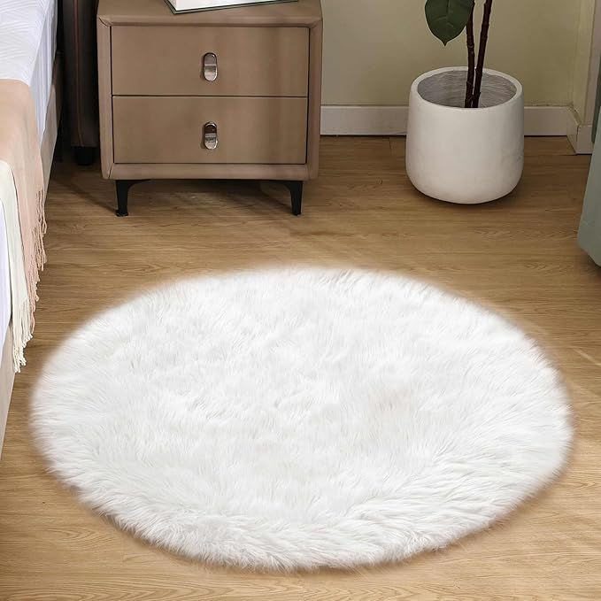 Goolela White Round Rug 3ft Fluffy Faux Sheepskin Fur Rug Small Circle Fuzzy Furry Rug for Bedroom Dorm Bedside Plush Washable Carpet