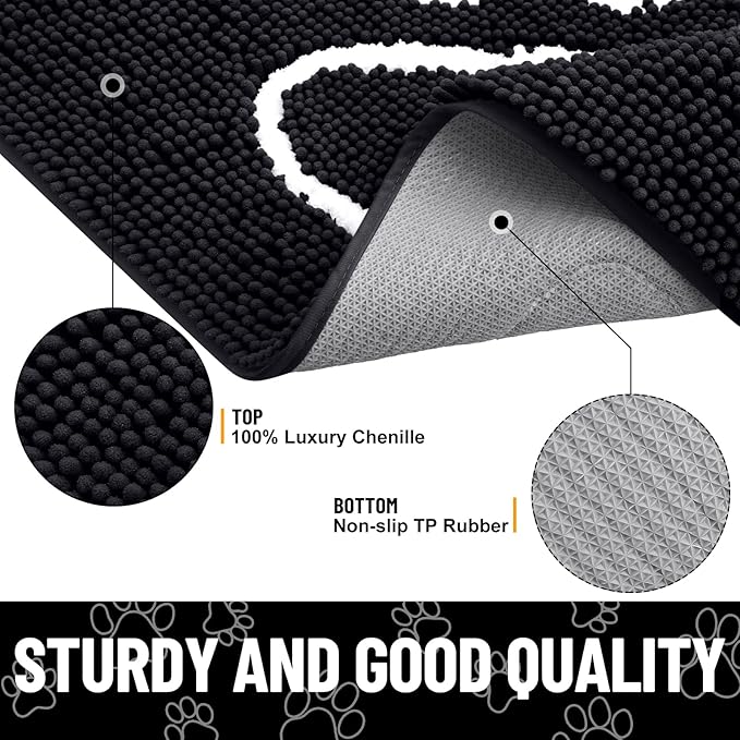 Smiry Dog Door Mat for Muddy Paws, Absorbent Dirt Trapper Non Slip Quick Dry Washable Chenille Mat for Mud Dogs, Entry Rug for Indoor and Outdoor (54x24 Inches, Black and White)
