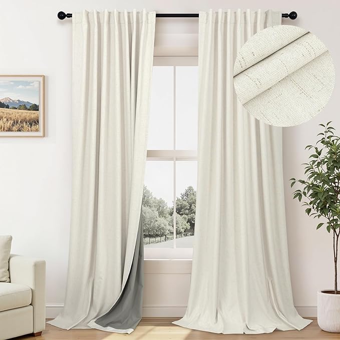 Cream Linen Blackout Curtains 60 Inches Wide for Bedroom Window Viral Modern Farmhouse Curtains for Sliding Glass Doors Thermal Soundproof Heavy Drapes 60x96 Long 2 Panels Ivory Off White Black Out