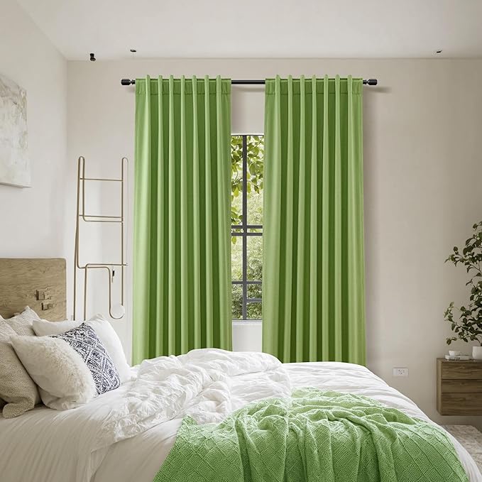 Guken 100% Blackout Curtains 84 Inch Length 2 Panels Set for Living Room Bedroom Back Tab Thermal Insulated Black Out Linen Drapes Room Darkening Lime Green,52x84