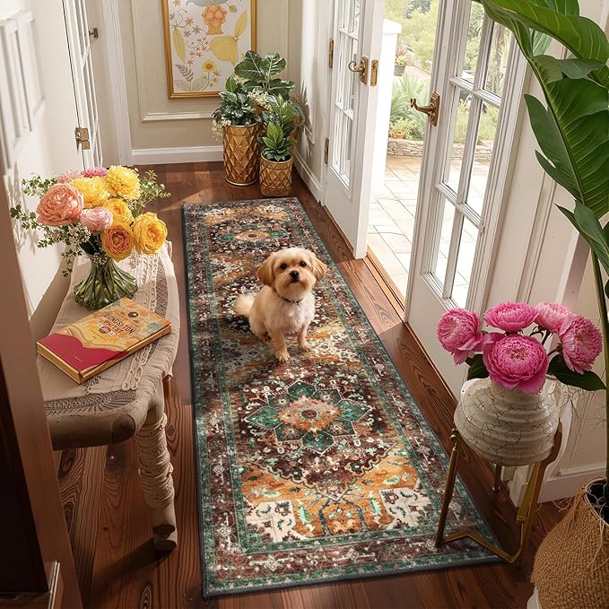Yamaziot Washable Runner Rug, 2x7 Non-Slip Boho Vintage Hallway Rug Runner with Rubber Backing, Stain Resistant Distressed Carpet Runner for Bedroom, Kitchen, Laundry, Entrance