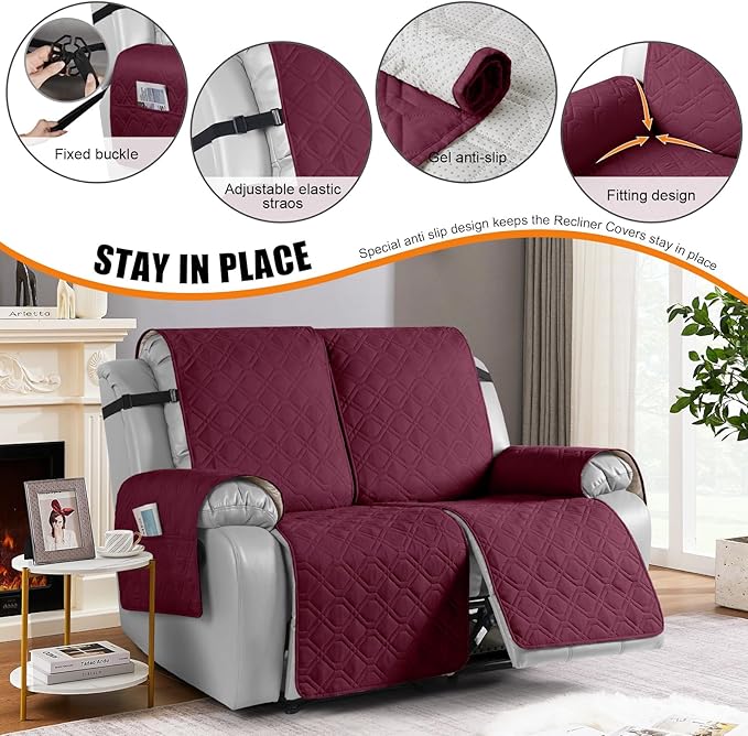 VANSOFY Waterproof Recliner Couch Covers, Sofa Covers 1-Piece Washable Reclining Sofa Cover Non-Slip Furniture Protector with Elastic Straps Pocket for Dogs, Pets(Burgundy,2 Seater)