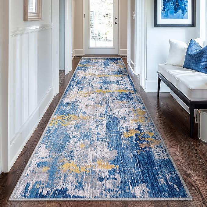 Washable Area Rugs 2'x6' Non-Slip Modern Abstract Soft for Living Room Entryway Bedroom Nursery, Print Pattern, Grey Blue Gold/Golden