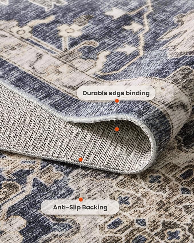 AMADA HOMEFURNISHING 8x10 Washable Area Rug, Low-Profile Large Area Rug with Non-Slip Backing & Durable Edge Binding, Vintage Large Rugs for Living Room, Bedroom, Dinning Room