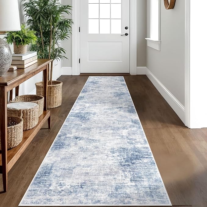 IOHOUZE Abstract Runner Rug 2x10 Ft Washable Runners for Hallways, Non Slip Kitchen Runner Printed Faux Wool Entryway Runner Indoor, Modern Abstract Floor Carpet for Hall Kitchen, Light Blue Grey