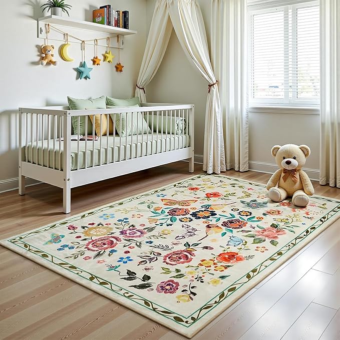 Rugflix 5x7 Washable Area Rug for Living Room, Soft Non Slip Low Pile Carpet, Floral Vintage Stain Resistant Rugs for Bedroom, Dining Room, Home Office, Beige Yellow