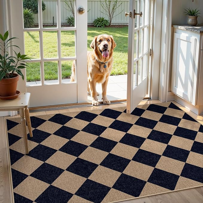 Lahome Colette Checkered Easy Jute Entry Rug, 3x5 Black Outdoor Patio Rug for Living Room Farmhouse Neutral Carpet, Washable Non Slip Indoor Door Mat Diamond Carpet for Front Door Deck Camping