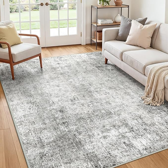 Washable Area Rugs 6'x9' Non-Slip Modern Abstract Soft for Living Room Entryway Bedroom Nursery, Print Pattern, Gray White Grey