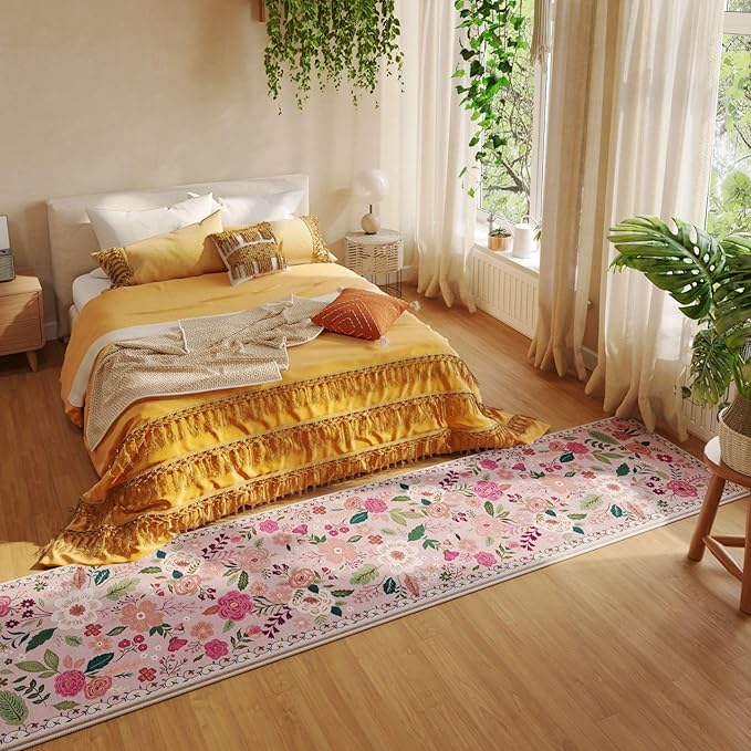 Rugcomf Long Hallway Runner Rug 2'7"x14' - Floral Washable Non Slip Boho Carpet for Kitchen, Entryway, Hall, Bathroom - Pink