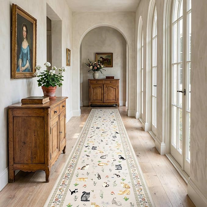 2x12 Washable Hallway Runner Rug - Soft Low Pile Floral Animal Cat Print Rugs with Non-Slip Backing Waterproof Stain-Resistant Indoor Carpet for Kitchen Entryway Bathroom Bedroom (Light Beige)