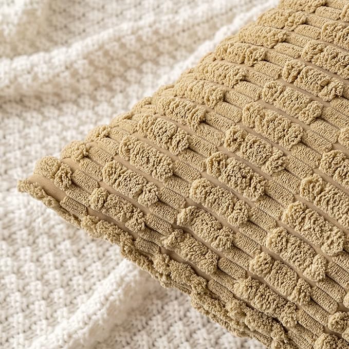 MIULEE Pack of 2 Corduroy Decorative Throw Pillow Covers 24x24 Inch Soft Boho Striped Pillow Covers Modern Farmhouse Home Decor for Sofa Living Room Couch Bed Khaki