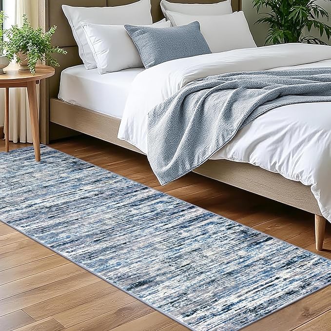 Lansny Modern Abstract Bedroom Runner Rug 2x7, Grey Blue White Washable Kitchen Runner, Non-Slip Soft Thin Faux Wool Mat for Entryway, Hallway, Laundry Room, Indoor Home Decor
