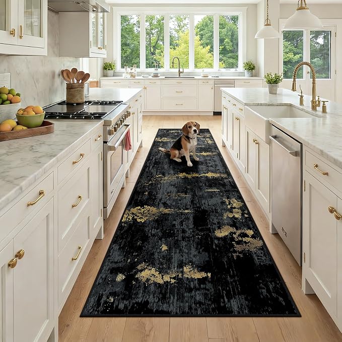 Washable Area Rugs 3x9 Non-Slip Modern Abstract Soft for Living Room Entryway Bedroom Nursery, Print Pattern, Dark Black Gold
