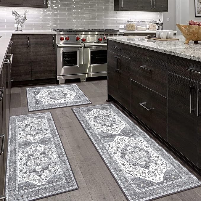 HEBE Boho Kitchen Rug Sets 3 Piece with Runner Non Slip Kitchen Rugs and Mats Washable Kitchen Mats for Floor Thick Kitchen Floor Mat Carpet Runner Rugs for Hallway Laundry Holiday Decor