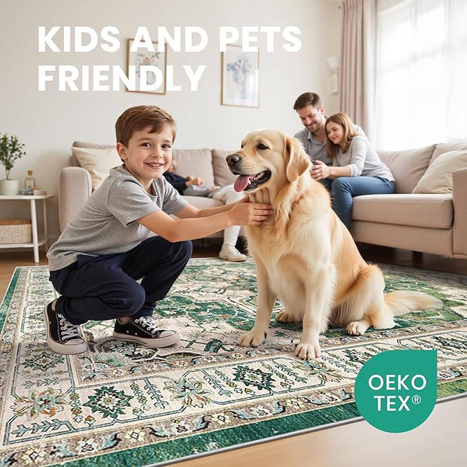 zesthome 9x12 Area Rugs,Stain Resistant Washable Rug,Ultra-Thin Rugs for Living Room,Bedroom,Non-Slip Backing Home Decor Large Area Rug (Green,9'x12')