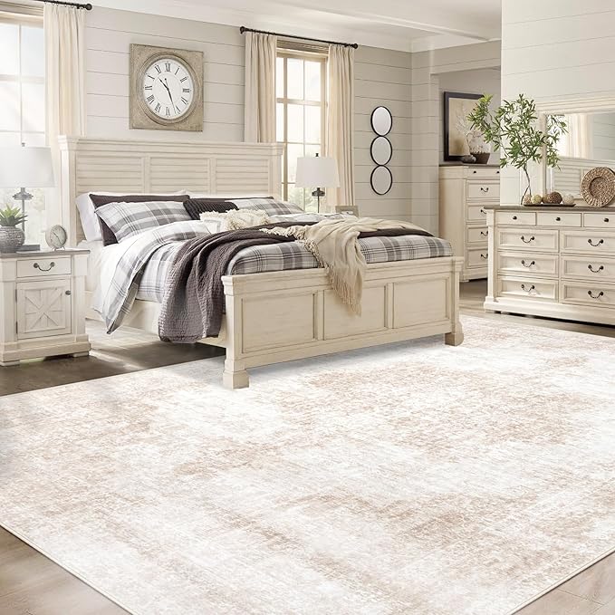 Area Rug 9x12 Vintage Rugs: Large Washable Living Room Rug Retro Medallion Distressed Soft Low Pile Non-Slip Rugs Indoor Floor Carpet for Bedroom Dining Table Office (Beige/Brown,9'x12')