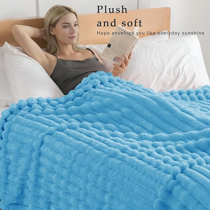 Exclusivo Mezcla King Size Flannel Fleece Blanket, Super Soft Striped Jacquard Bed Blanket, Lightweight Fuzzy Cozy for All Seasons, 90x104 Inches, Blue