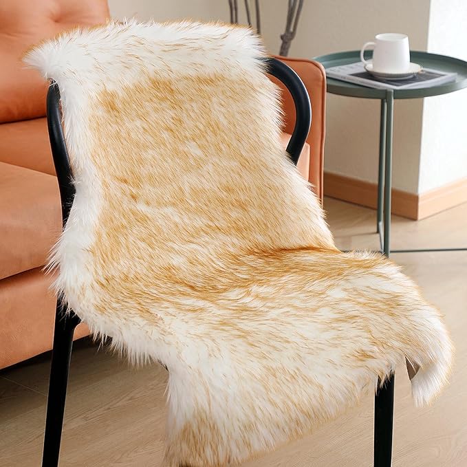 linmopm Faux Fur Rug Sheepskin Shag Fluffy Fuzzy 2x3 ft Small Rugs for Bedroom Bedside Bed Floor Living Room Plush High-Density Cushion Carpet Super Sofa Cover White and Yellow