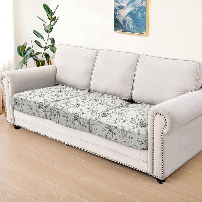 Leather Look Couch Cushion Covers Sofa Seat Slipcovers Sets Couches Furniture Protector for Sectional Armchair Loveseat Pets Kids Stretch Spandex Fabric (3 Cushion Sofa, Beige 02Flower)