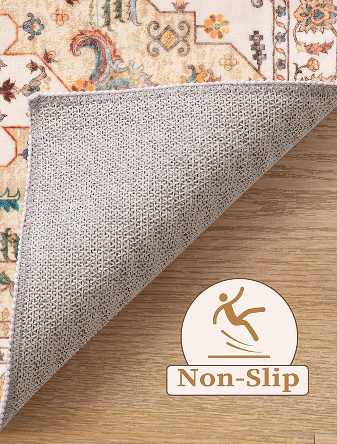 SERISSA Boho Washable Runner Rug, 2'6"x8' Rug Runner Non-Slip Vintage Light Yellow Hallway Kitchen Runner Rug Ultra Soft Print Distressed Floor Carpet Runner for Bedroom Bathroom Laundry Room