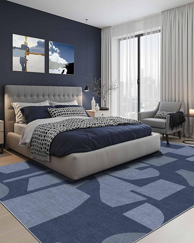 Latte&Fog 8x10 Area Rugs for Living Room, Large Modern Abstract Washable Rug, Boho Non Slip Low Pile Carpet for Indoor Bedroom Dining Room, Office, Dorm, Classroom, Farmhouse and Kids Room - Navy Blue